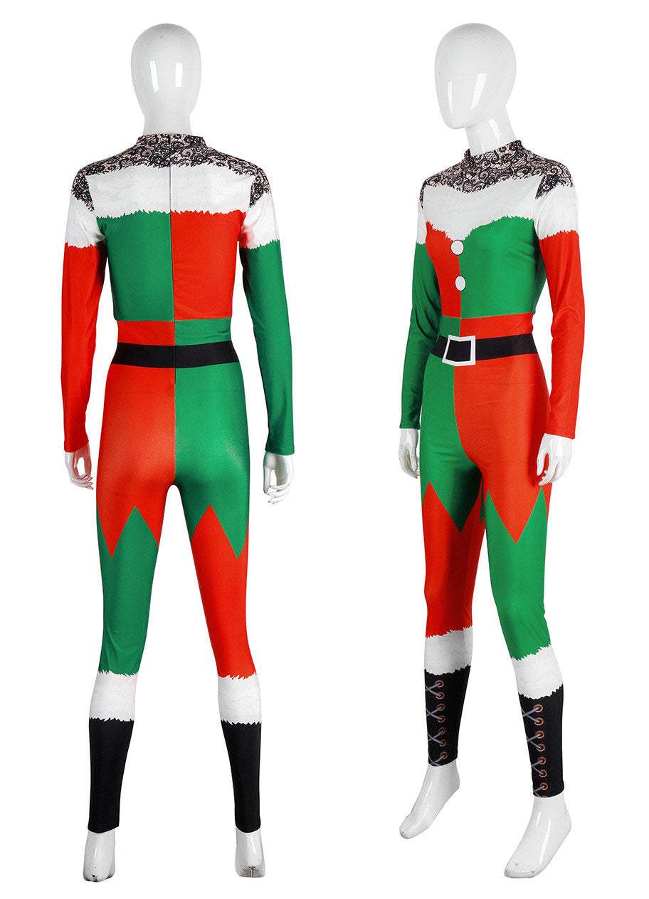 Women Christmas Santa Costume Party Digital Printed Bodysuit Jumpsuit