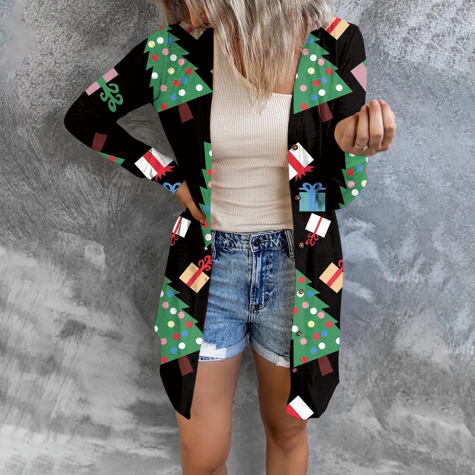 Christmas Print Fashion Button Long-sleeved Button Cardigan Women