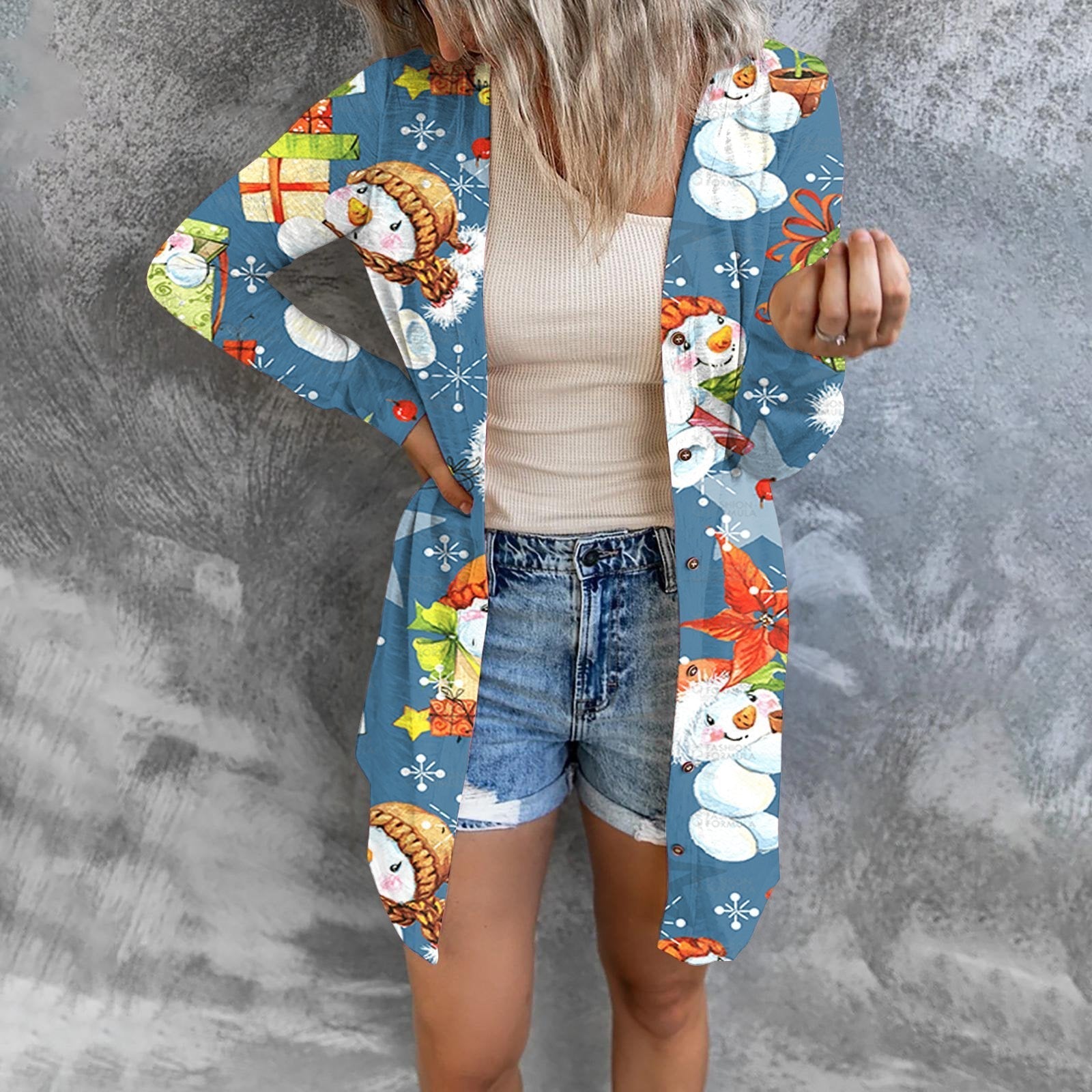 Christmas Print Fashion Button Long-sleeved Button Cardigan Women