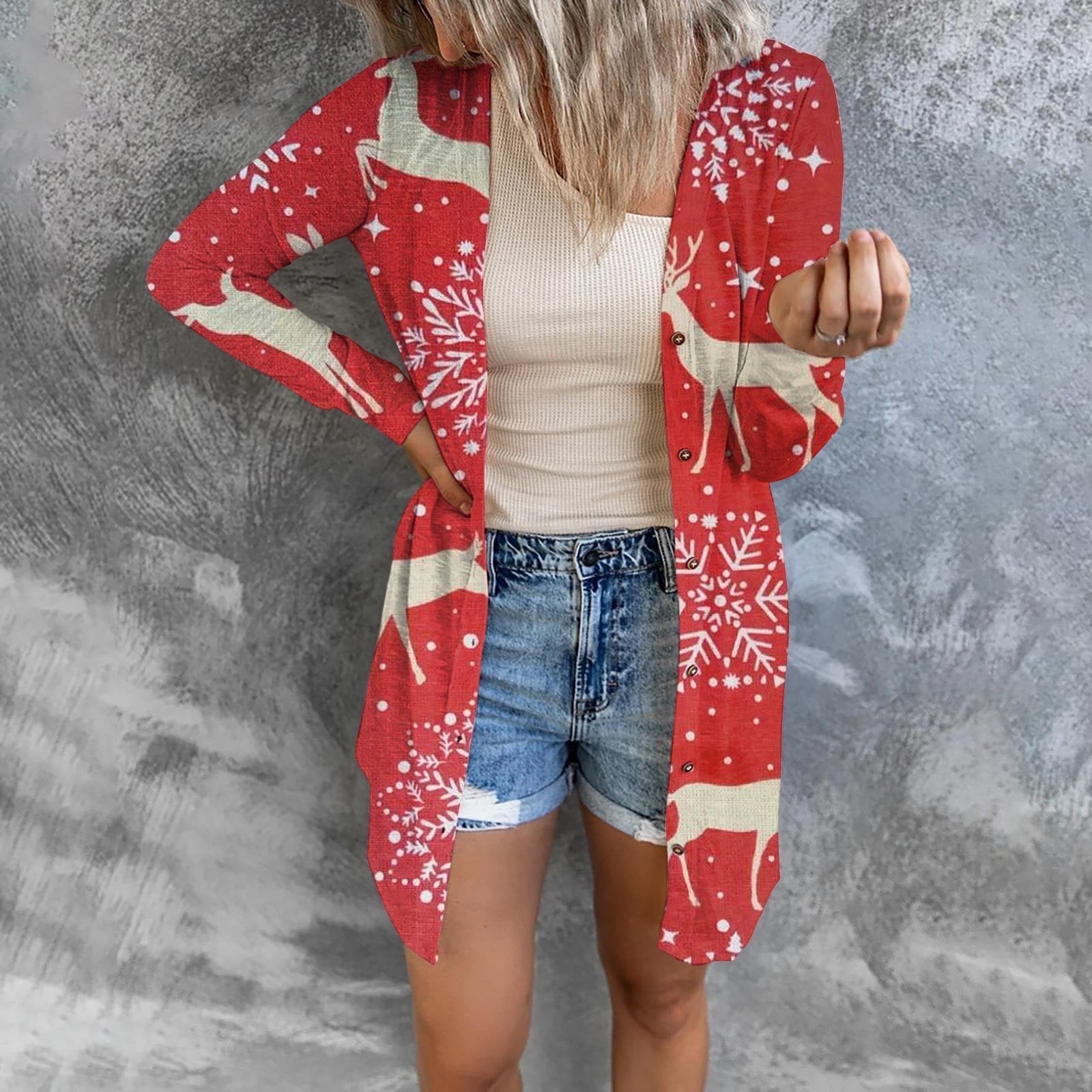Christmas Print Fashion Button Long-sleeved Button Cardigan Women