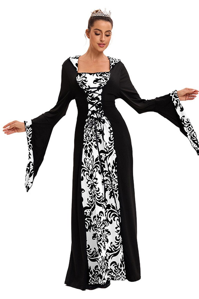 Medieval Hooded Swing Dress Costume Printed Retro Long Sleeves