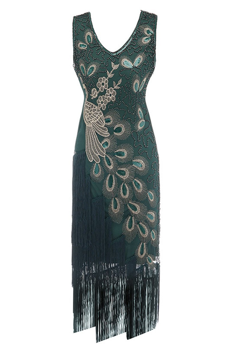 1920s Costume Elegant Vintage Peacock Tassel Hem Dress