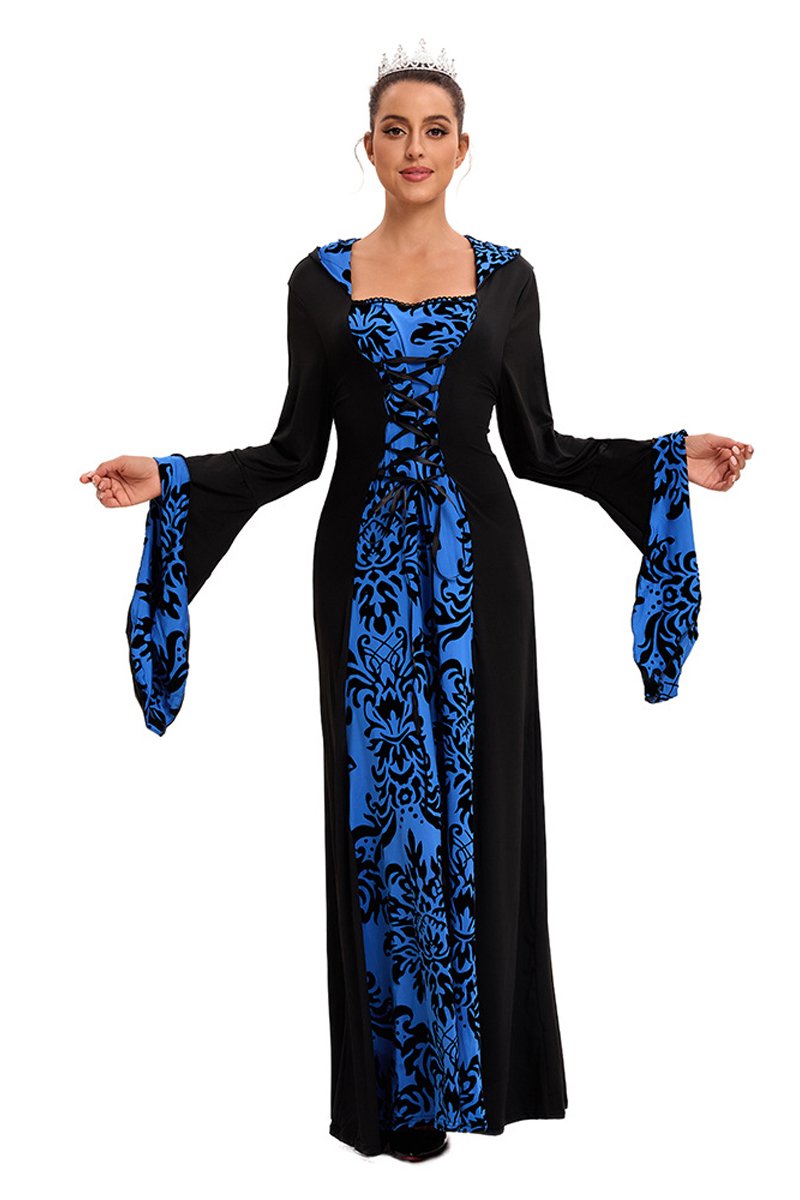 Medieval Hooded Swing Dress Costume Printed Retro Long Sleeves