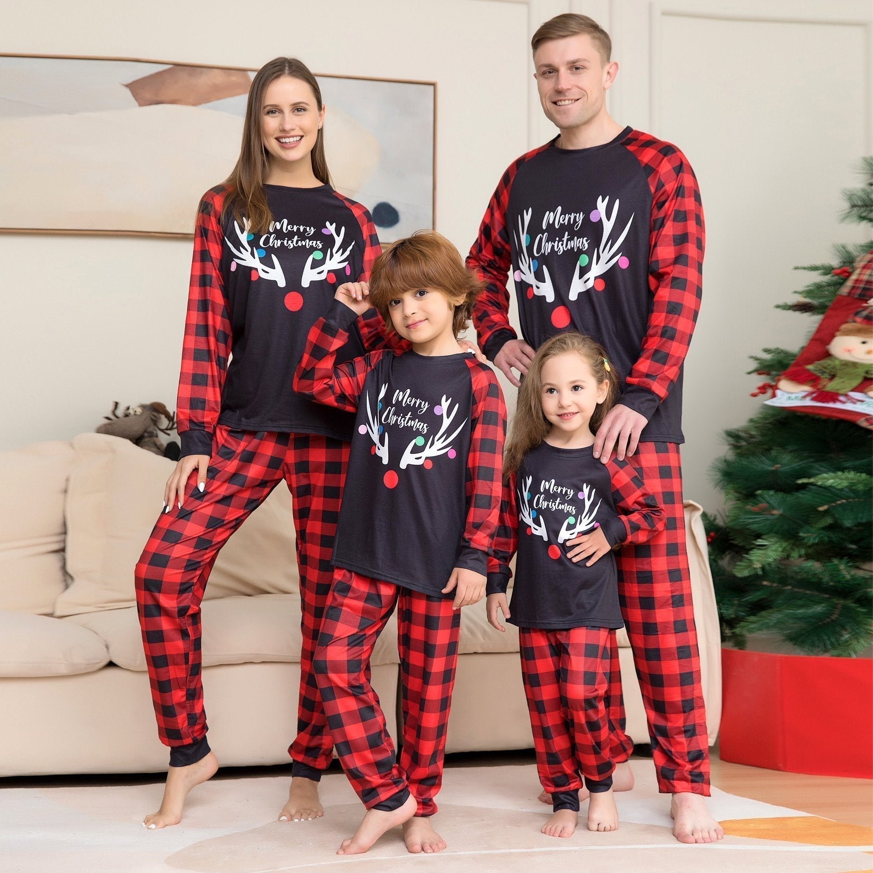 Christmas Deer Antler Print Plaid Family Couples Matching Pajamas Party Set - ciclove