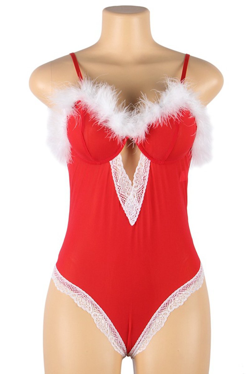 Fuzzy Santa Christmas Lace Trim Women Teddy Lingerie