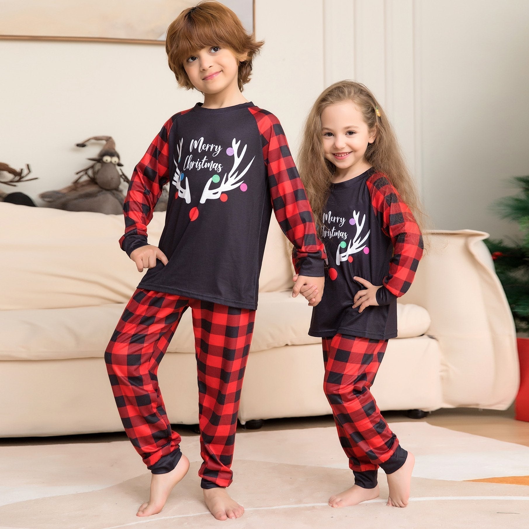 Christmas Deer Antler Print Plaid Family Couples Matching Pajamas Party Set - ciclove