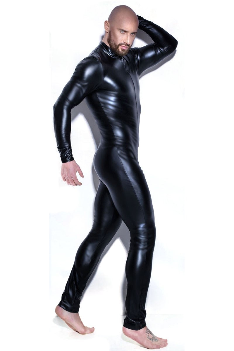 Men's Long Sleeve Patent leather Nightclub Zipper Jumpsuit