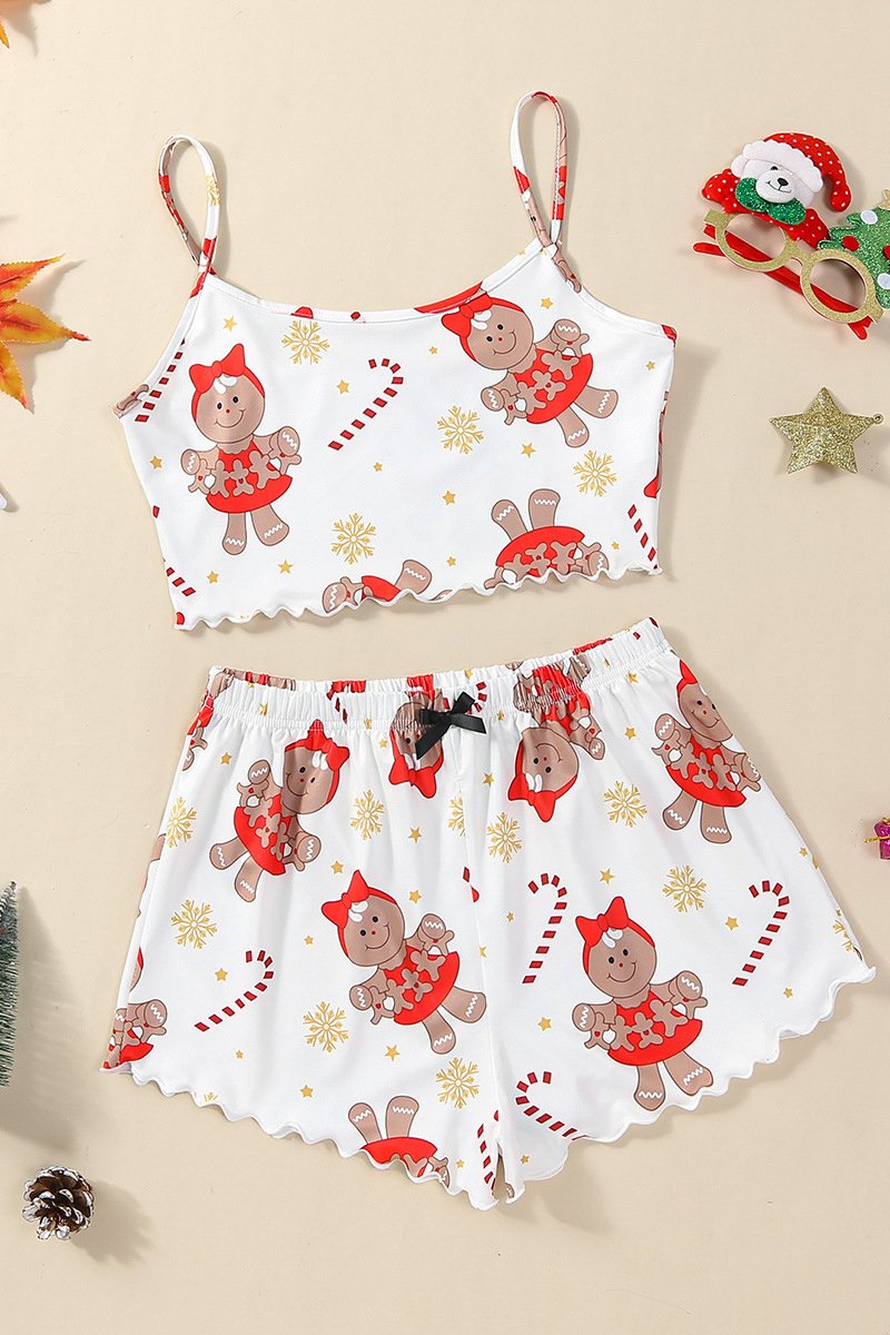 Cute Prints Cozy Christmas Winter Night Cami Sleepwear Lingerie Set