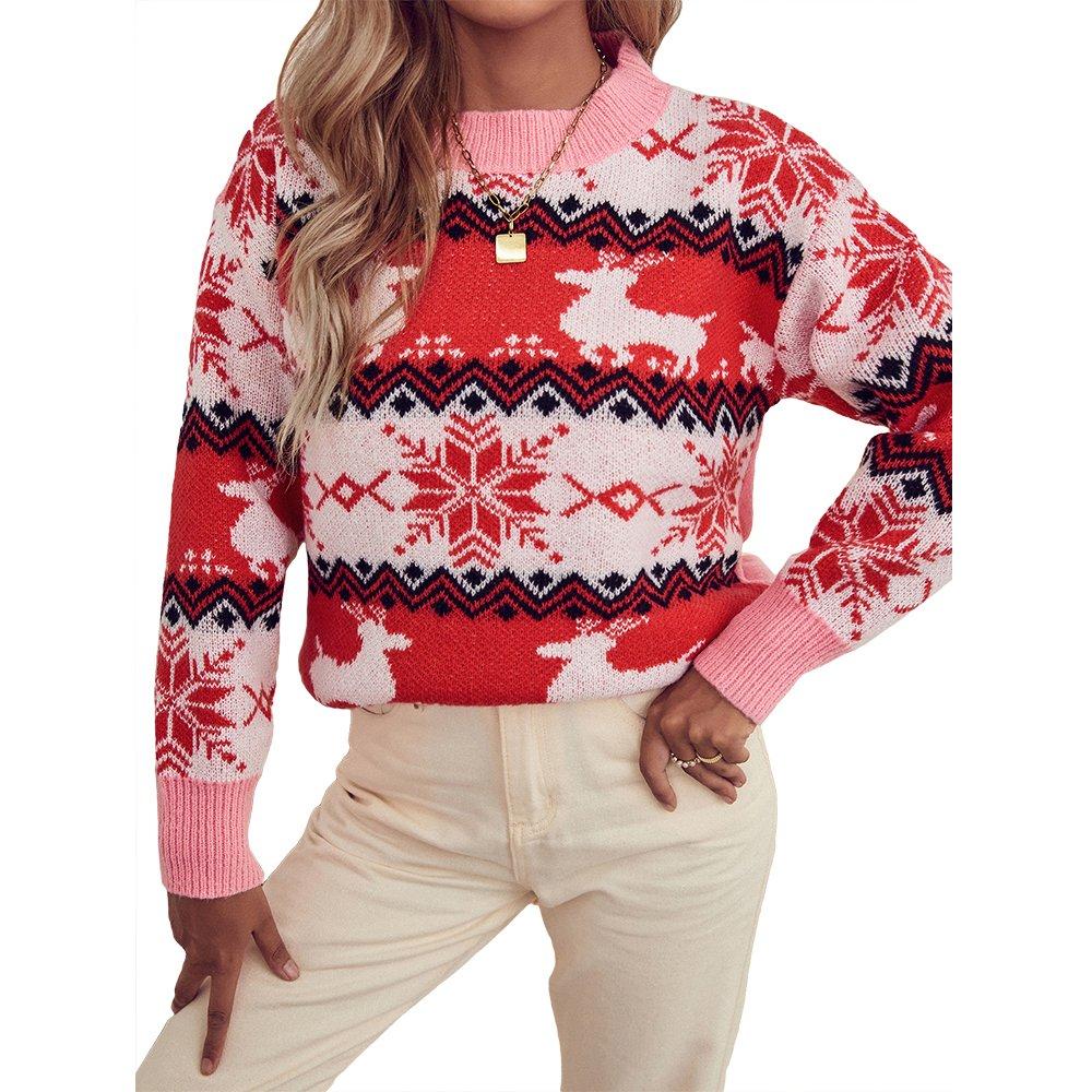 Women Ugly Christmas Sweaters Pink Round Neck Pullover Print Street Hipster Tops