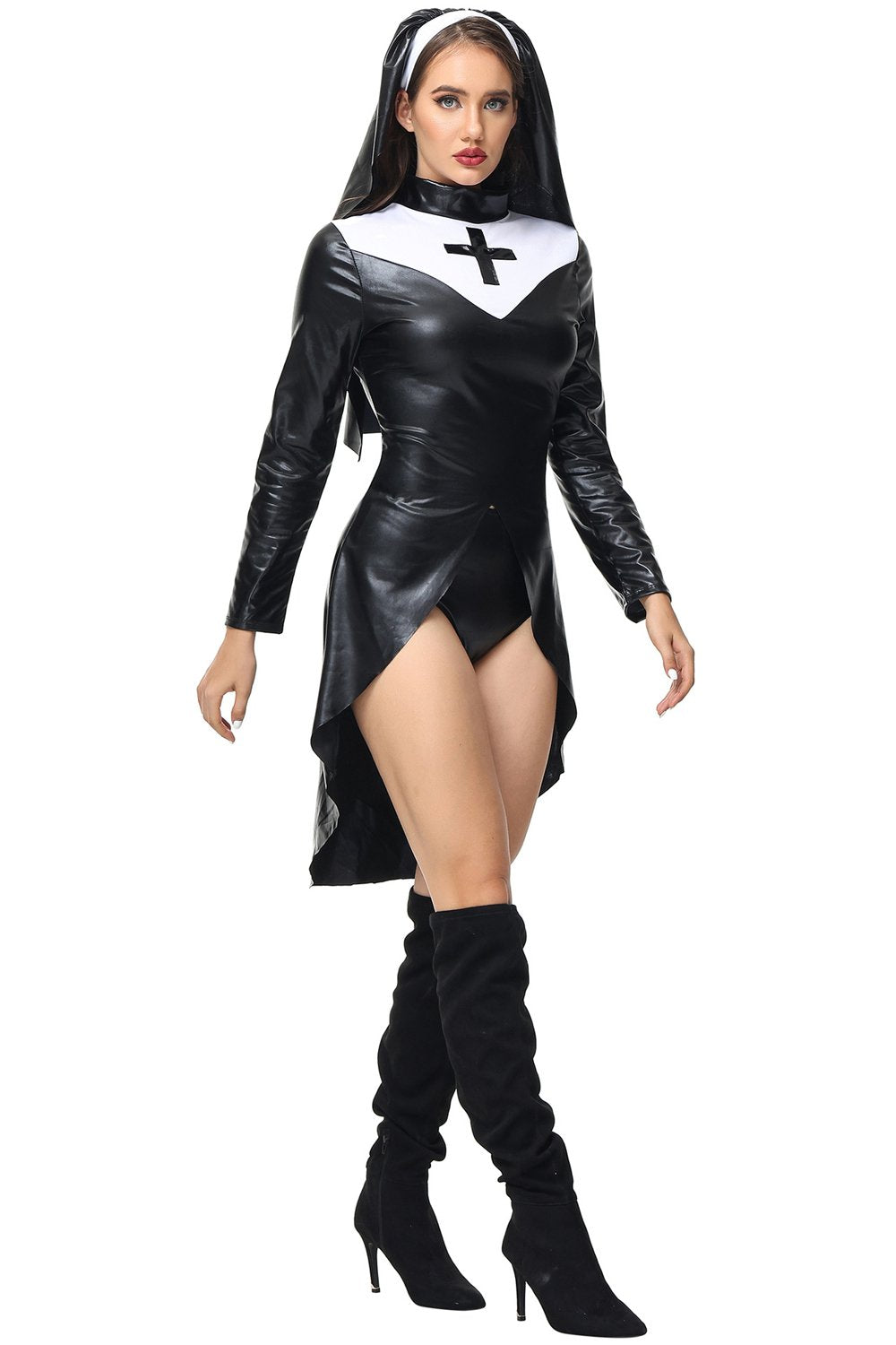 PU Leather Punk Nun Costume for Women Halloween