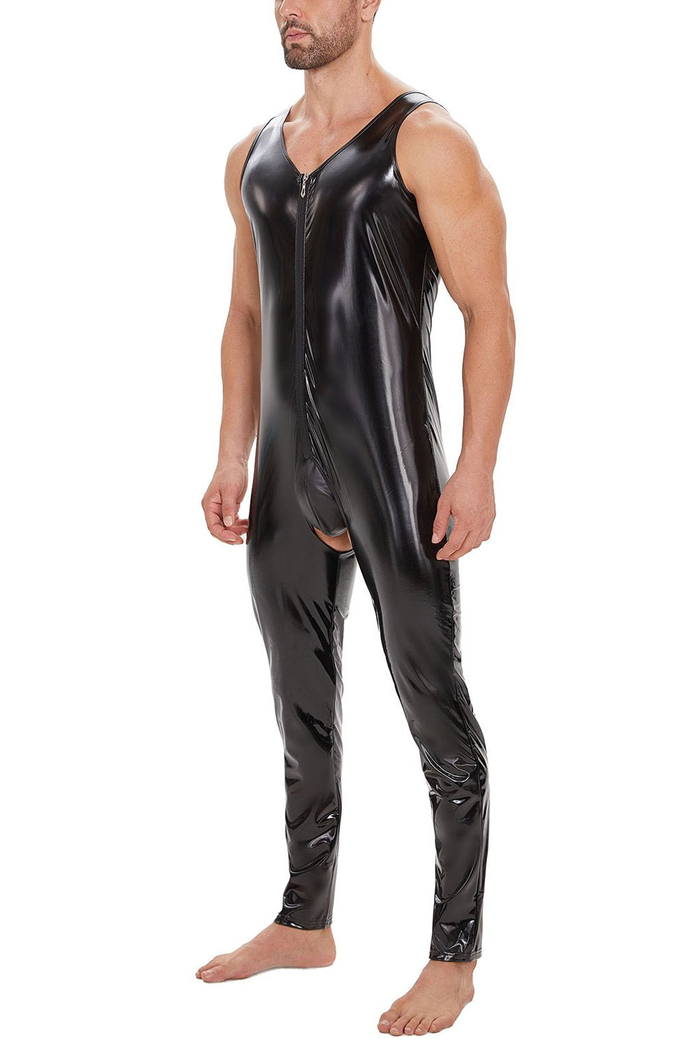 Male Sleeveless Open-Crotch Shoulder-Zip PVC patent leather Catsuit