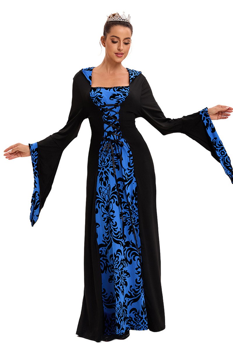 Medieval Hooded Swing Dress Costume Printed Retro Long Sleeves