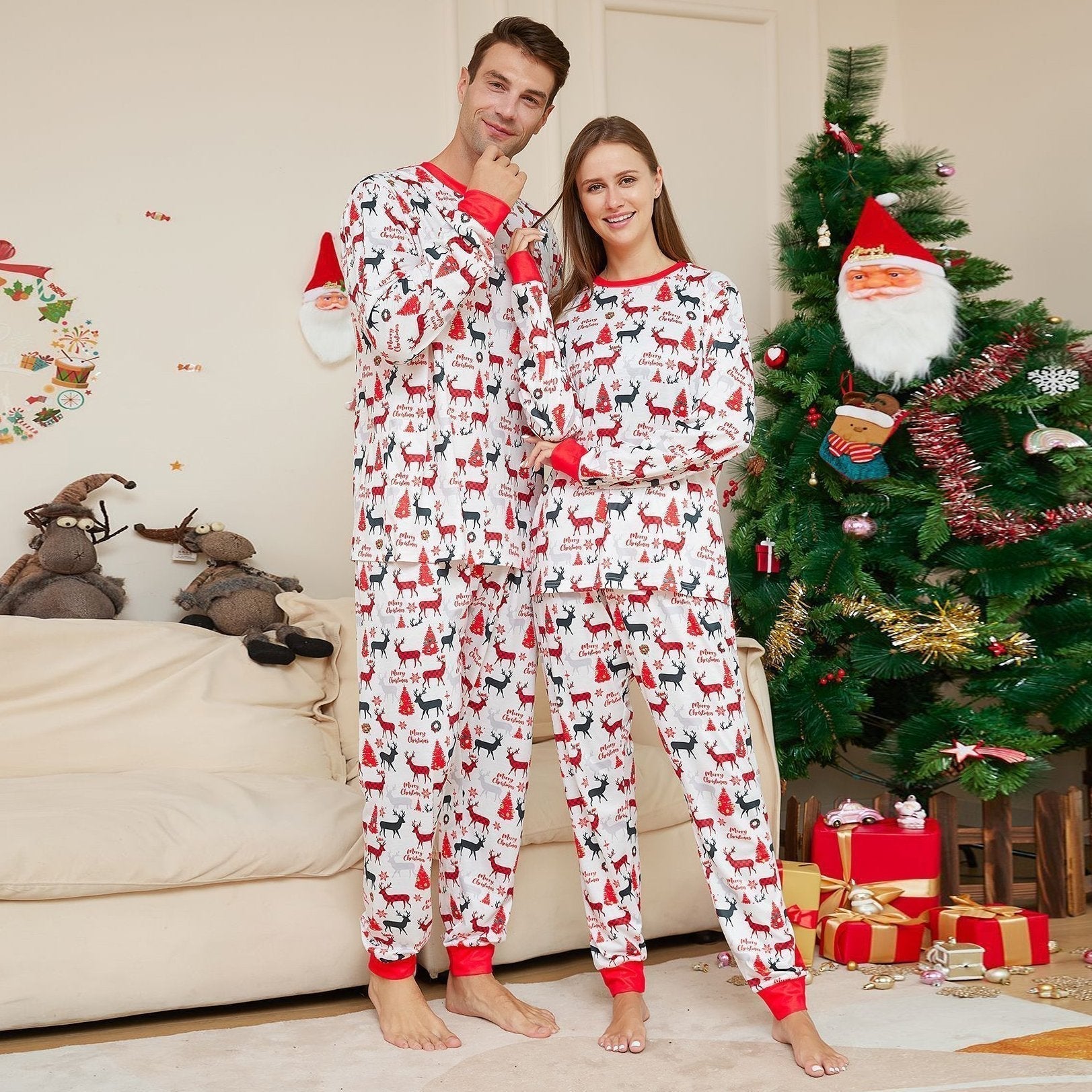 Christmas Antler Print Plaid Family Couples Matching Pajamas Party Sets - ciclove
