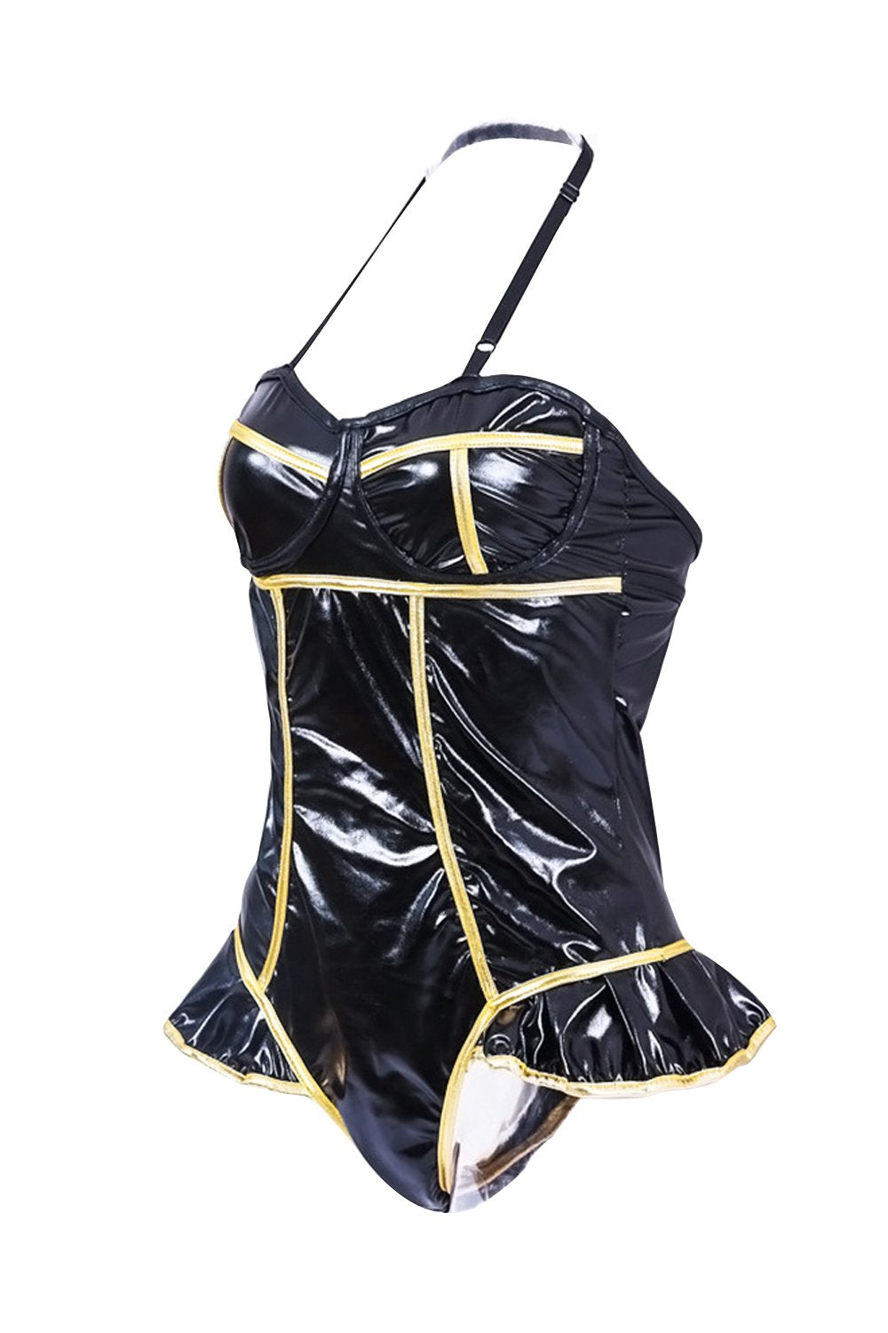 Black Halter Ruffled Patent Leather Jumpsuit Lingerie