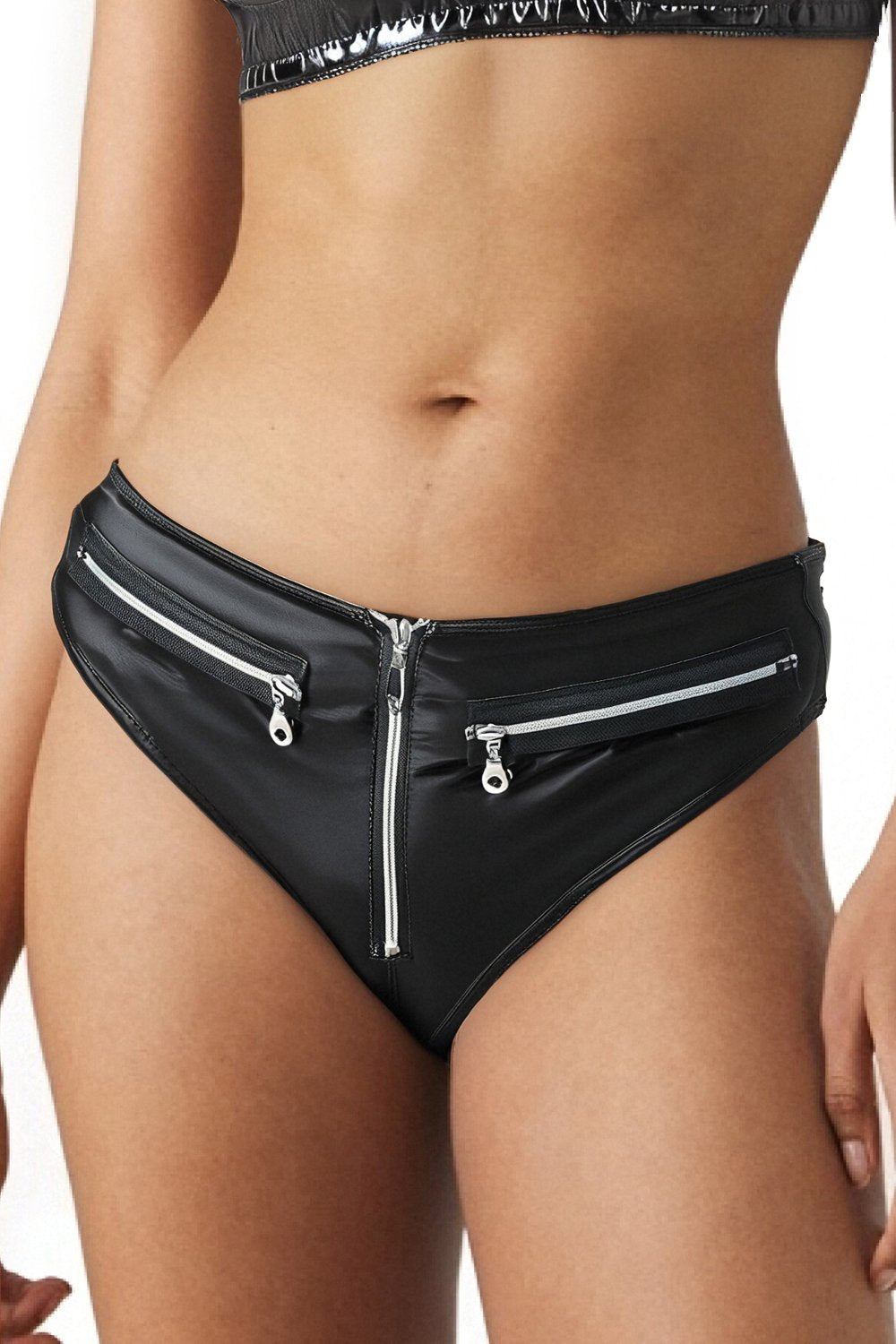 Classic Mid-Waisted PU patent leather Panty With Front Zipper