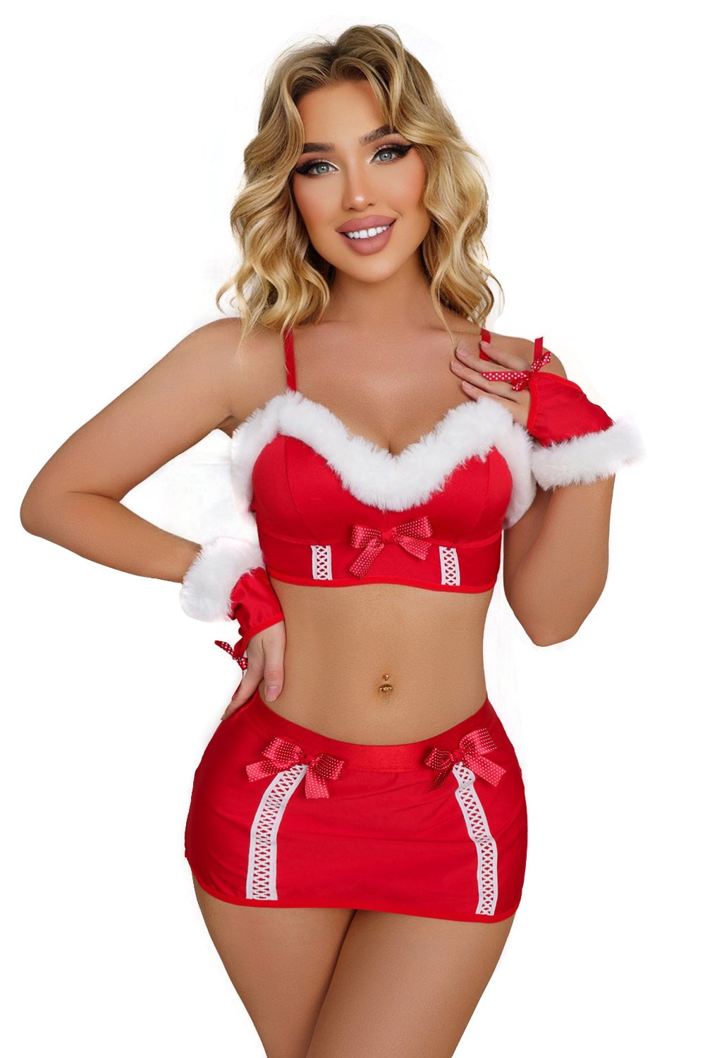 Sleigh Santa Christmas Fuzzy Trim Bra Women Lingerie 3 Pcs Set