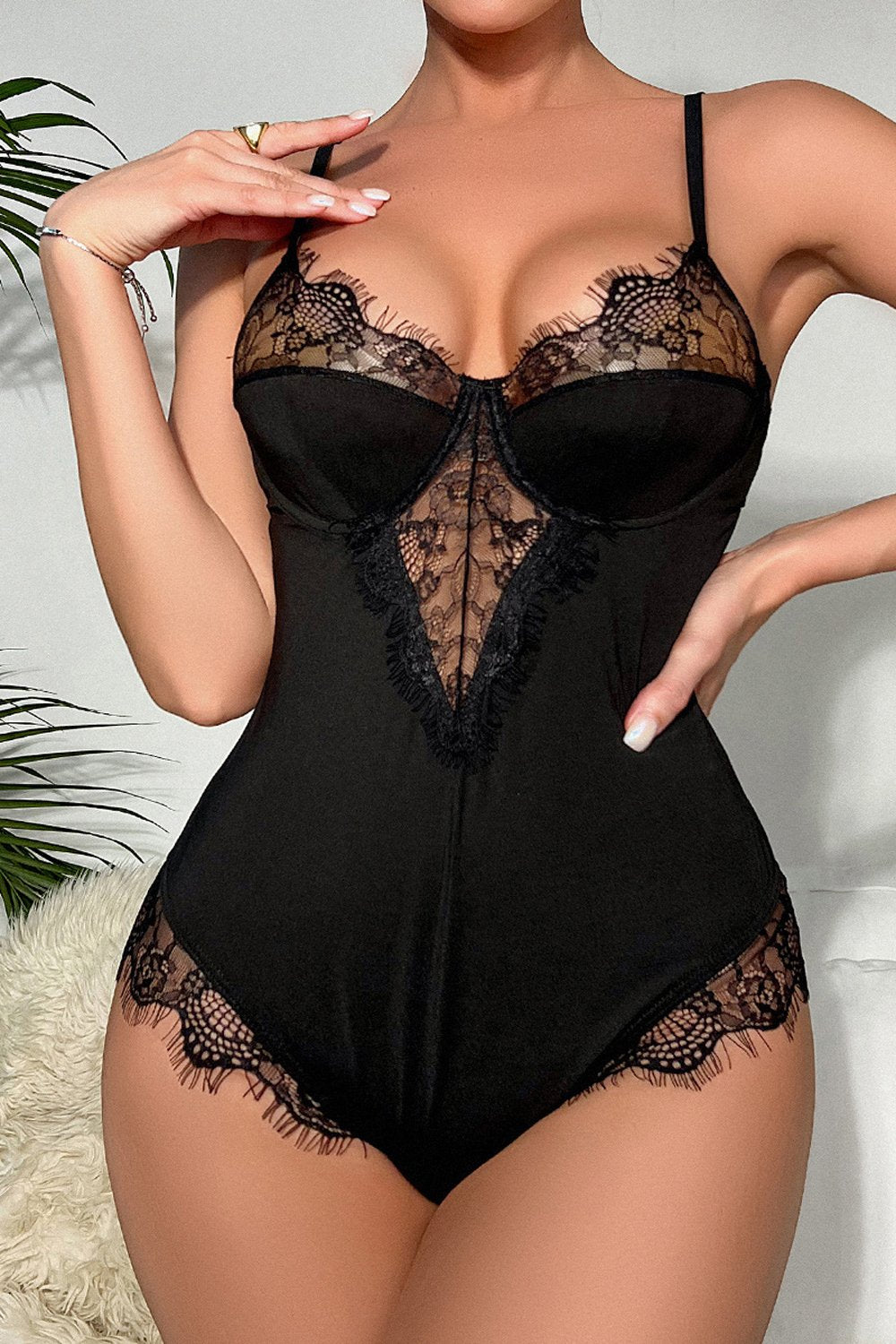 Cut-out Lace Trim Women Leopard Print Teddy Lingerie