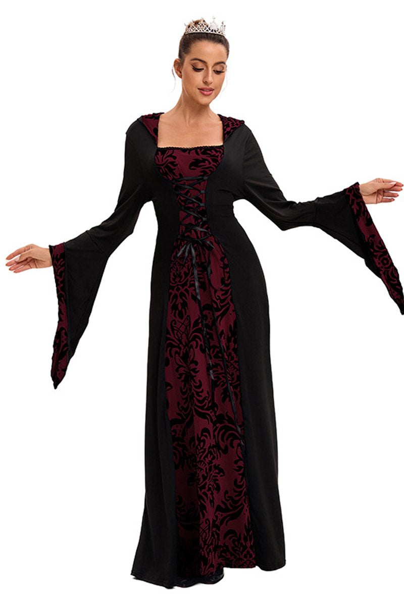 Medieval Hooded Swing Dress Costume Printed Retro Long Sleeves