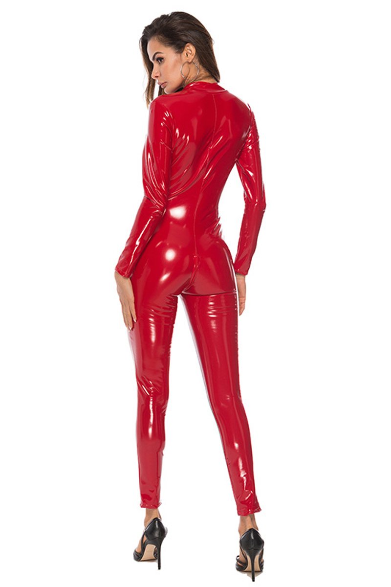 jumpsuit PU patent leather Zipper Pants Full Bodysuit