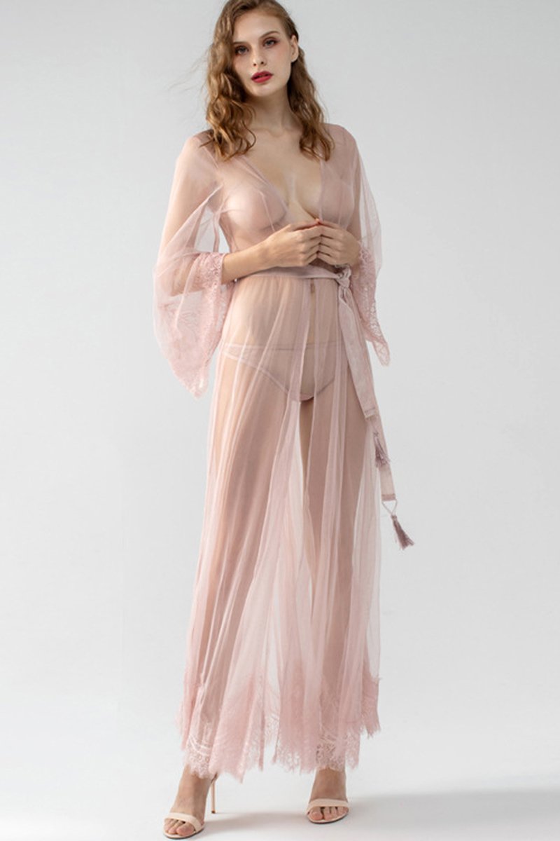 See-through Mesh Maxi Robe Women Lingerie Set