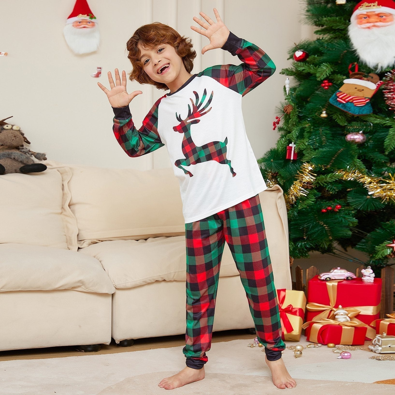 Elk Plaid Print Christmas Family Couples Matching Pajamas Party Sets - ciclove