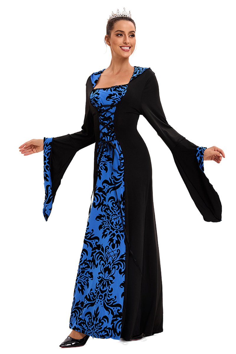 Medieval Hooded Swing Dress Costume Printed Retro Long Sleeves