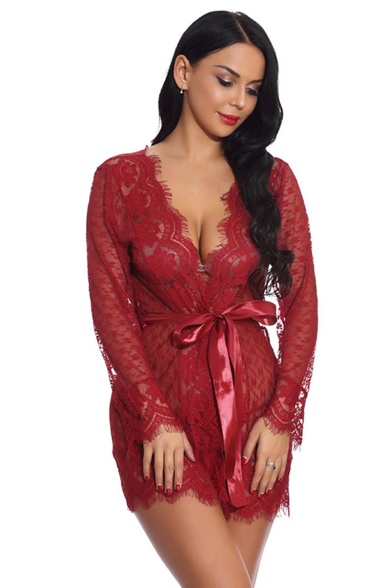 Long Sleeves Lace Women Robe Lingerie Set