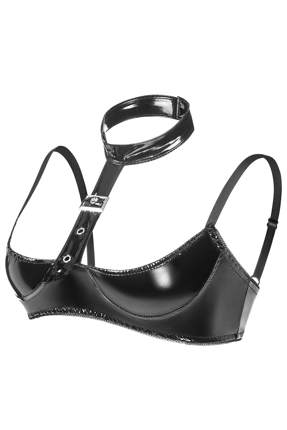 Black Halter Neck Style PVC Leather Bra Lingerie Metal Detailing