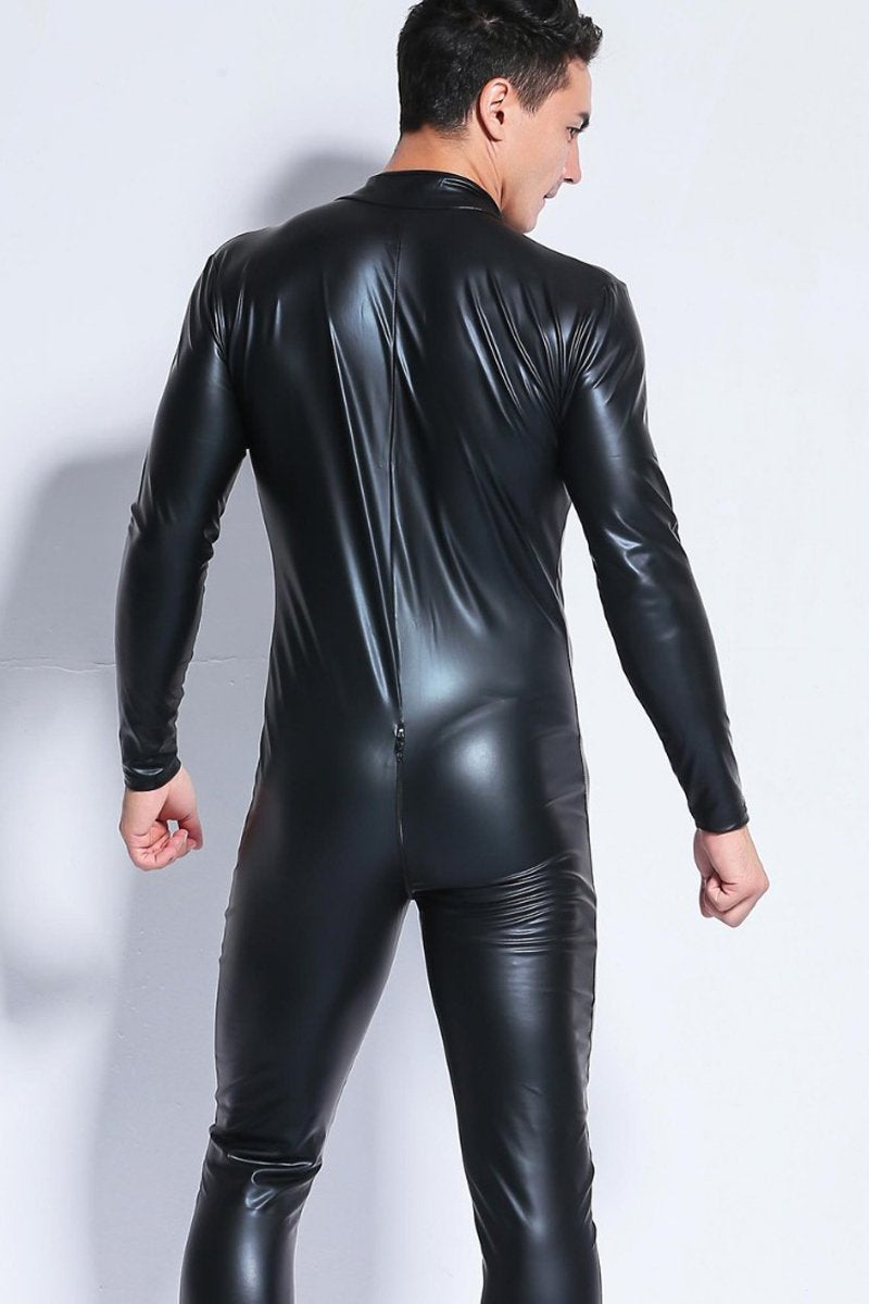 Men's Long Sleeve Patent leather Nightclub Zipper Jumpsuit