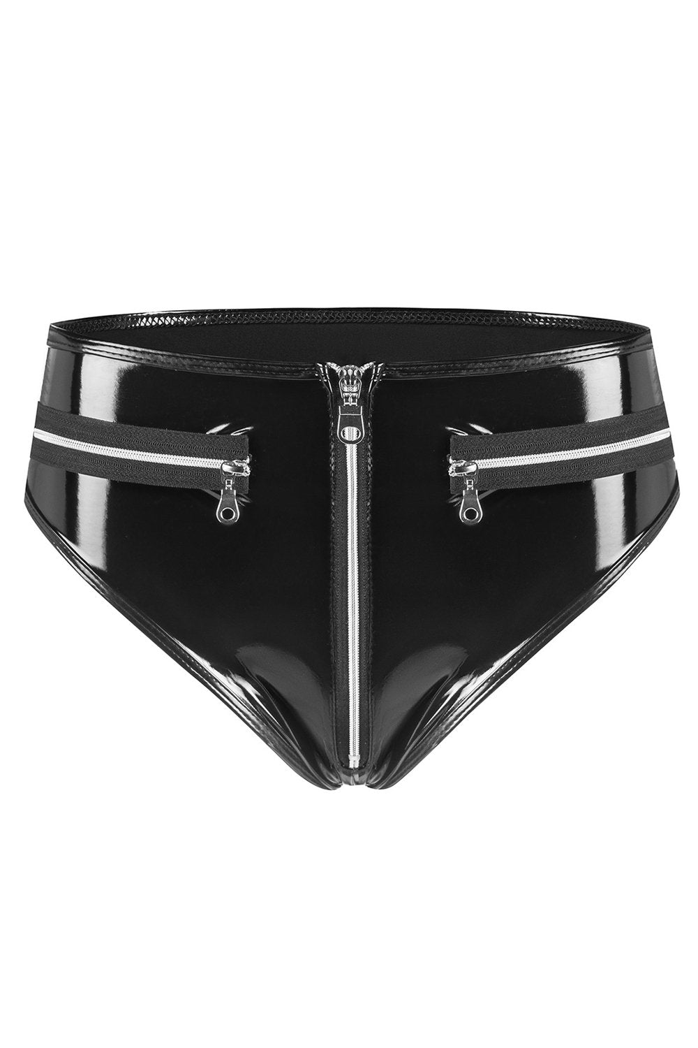 Classic Mid-Waisted PU patent leather Panty With Front Zipper