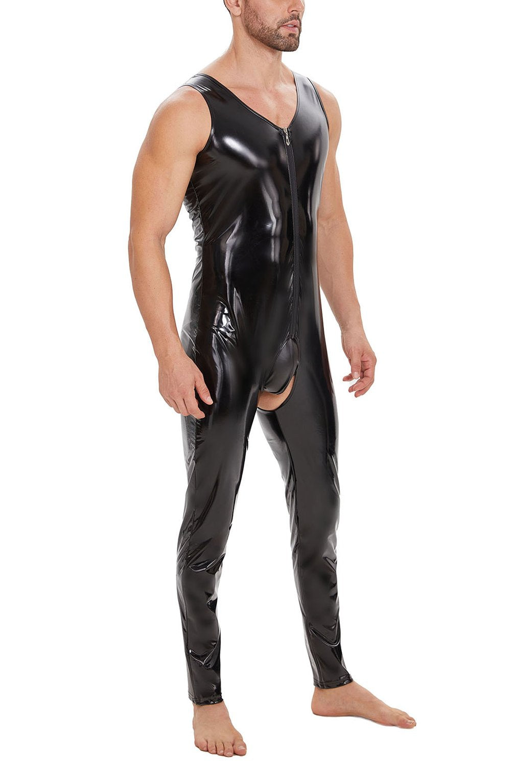 Male Sleeveless Open-Crotch Shoulder-Zip PVC patent leather Catsuit