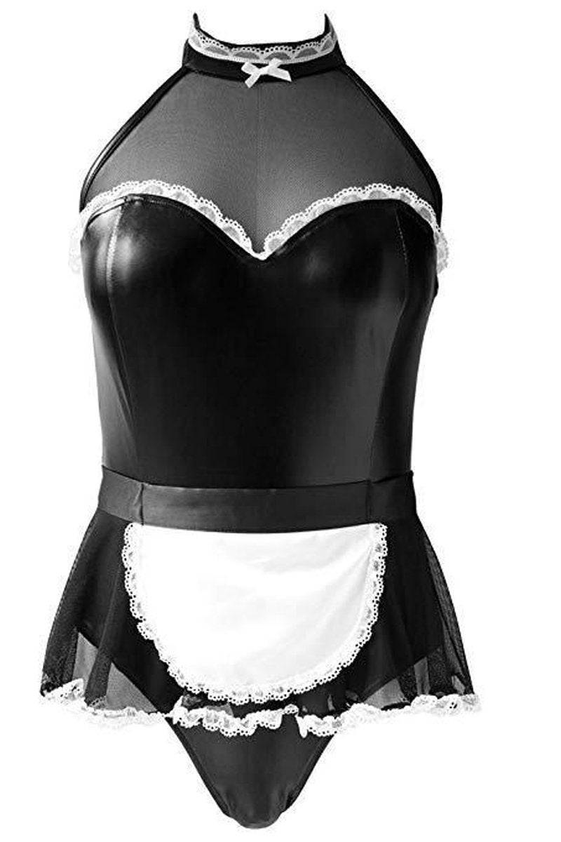 Maid Costume Jumpsuit PU Patent Leather Bodysuit