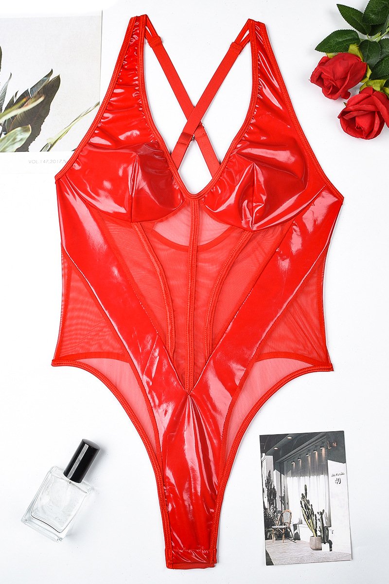 Women Deep V-neck PU Leather Glossy Teddy Lingerie