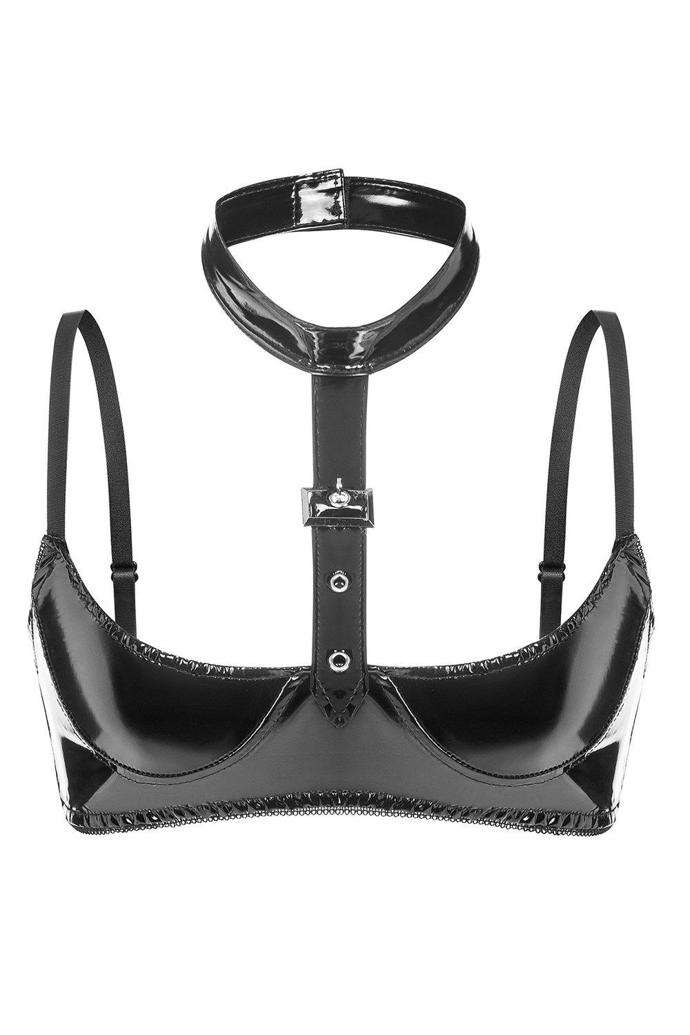 Black Halter Neck Style PVC Leather Bra Lingerie Metal Detailing