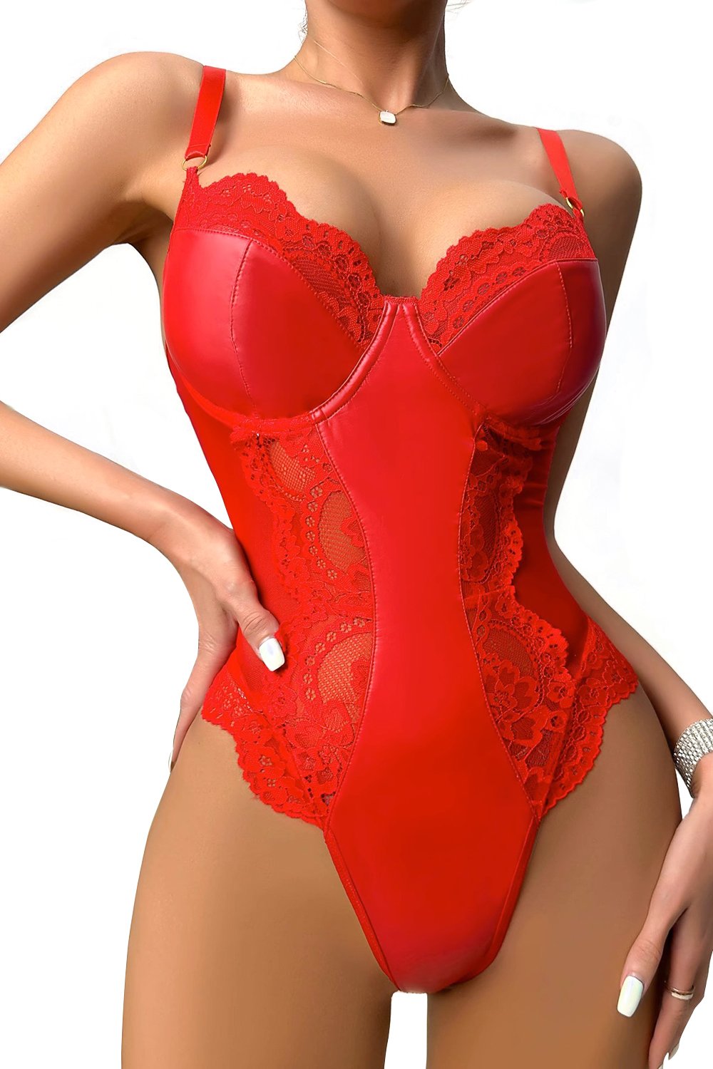 Red Black Leather Lace Women Teddy Lingerie