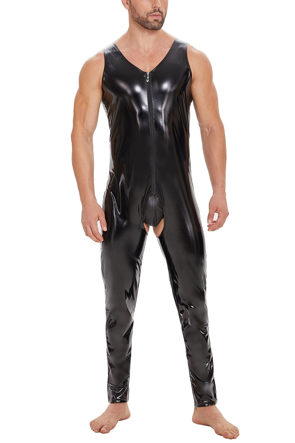 Male Sleeveless Open-Crotch Shoulder-Zip PVC patent leather Catsuit