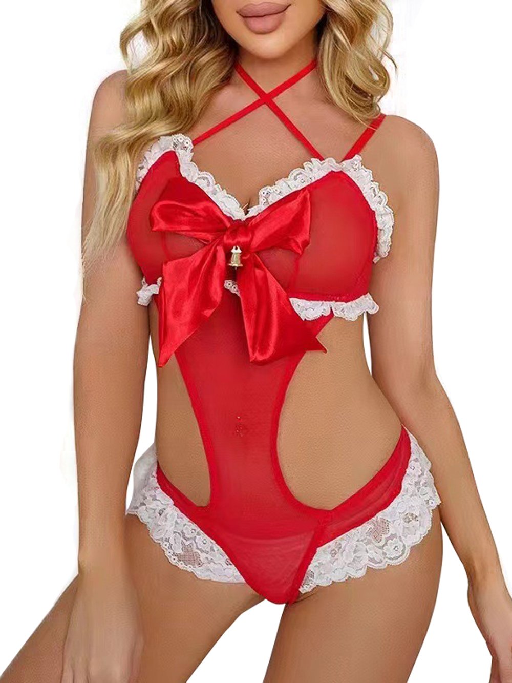 Tempting Red Christmas Bust Bow Cut Out Women Teddy Lingerie