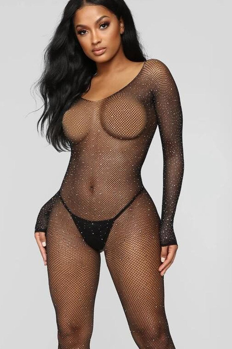 Tempting Rhinestone Net Bodystocking Lingerie