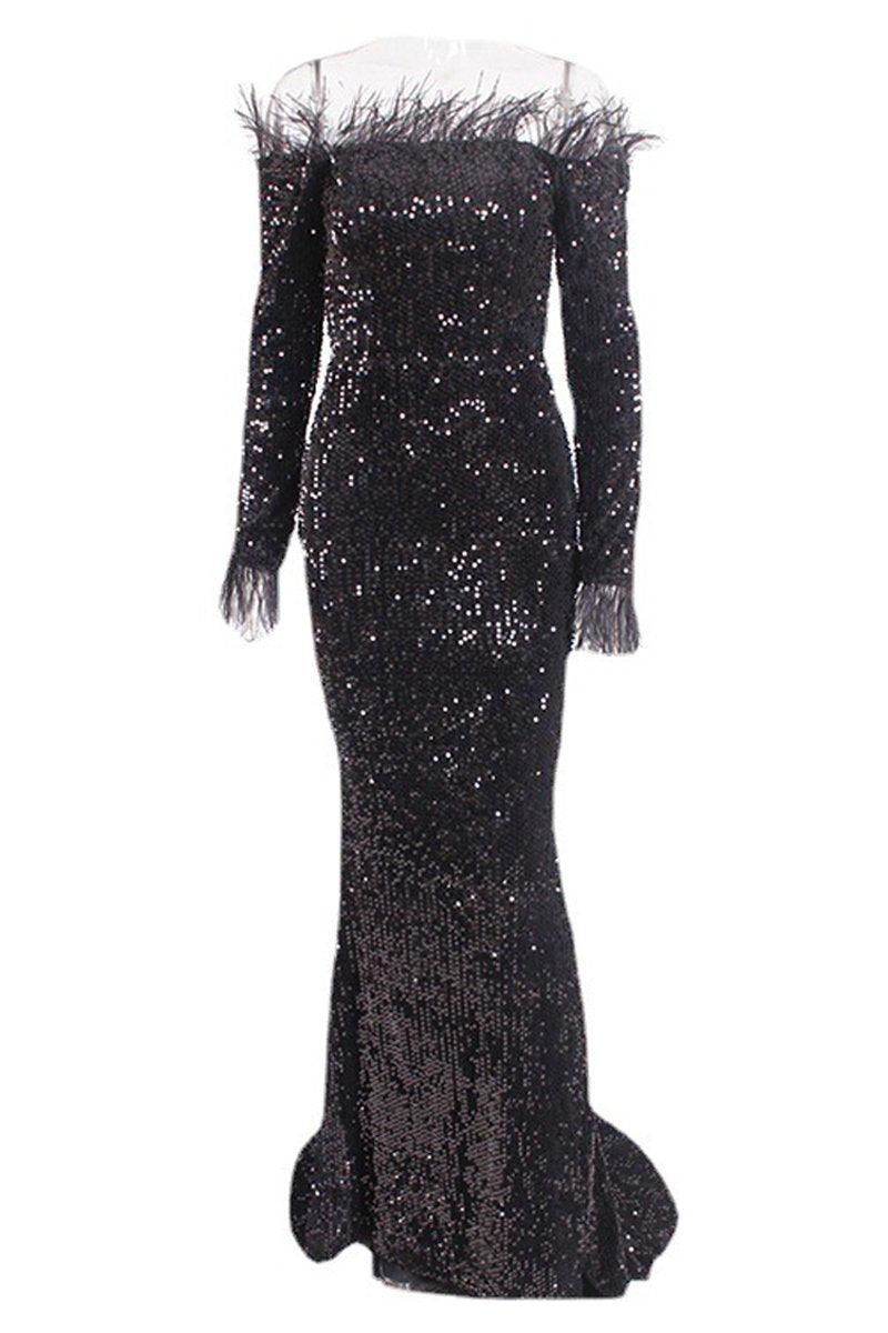 Elegant 1920s Costume Sequin Mermaid Dress with Feather Trim