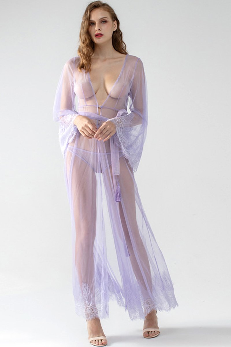 See-through Mesh Maxi Robe Women Lingerie Set