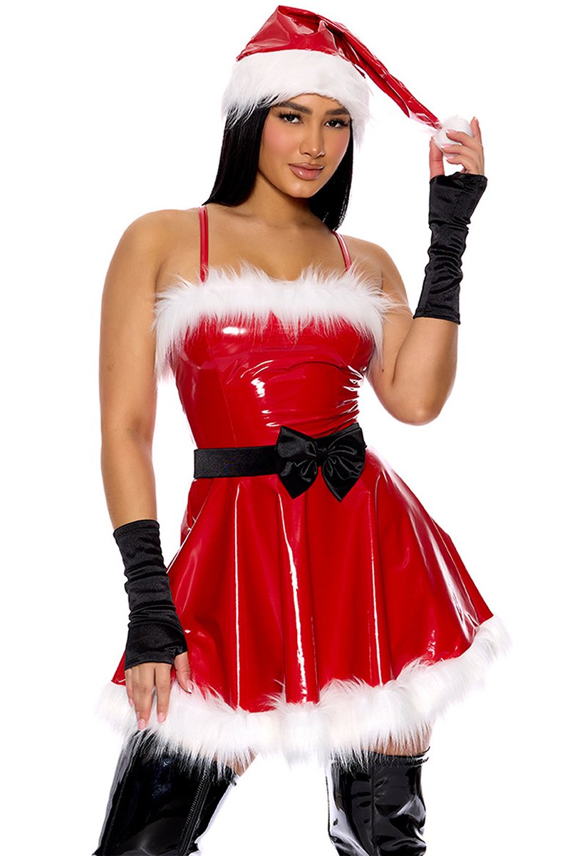 Tempting Women Vinyl Santa Christmas Costume Mini Festive Dress