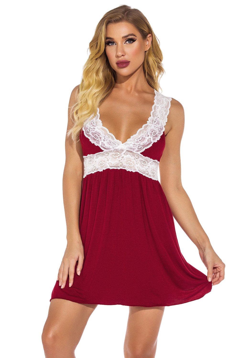 Deep V-neck Lace Modal Fabric Women Babydoll Lingerie