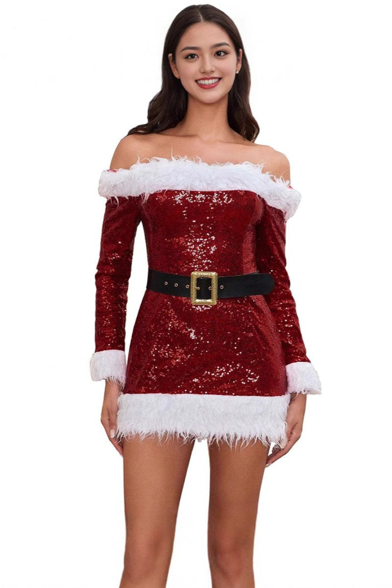 Women Christmas Costume Shiny Red Sequin Off-shoulder Dress