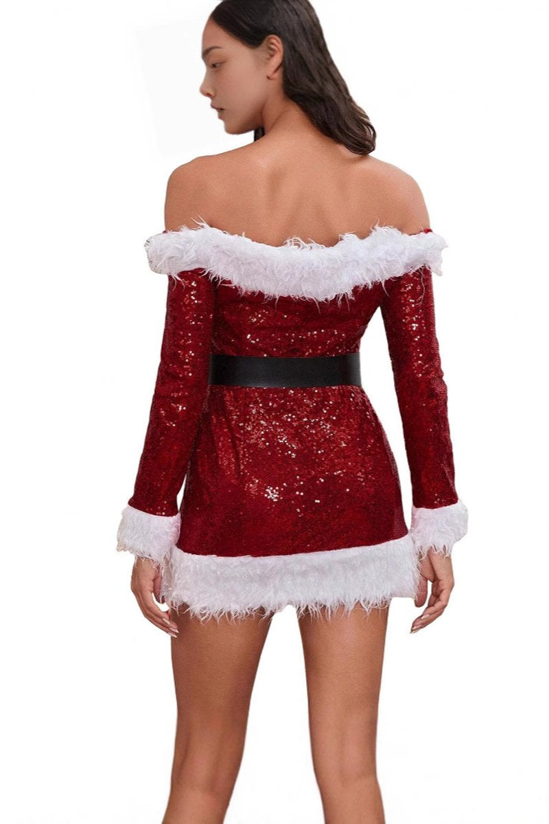 Women Christmas Costume Shiny Red Sequin Off-shoulder Dress