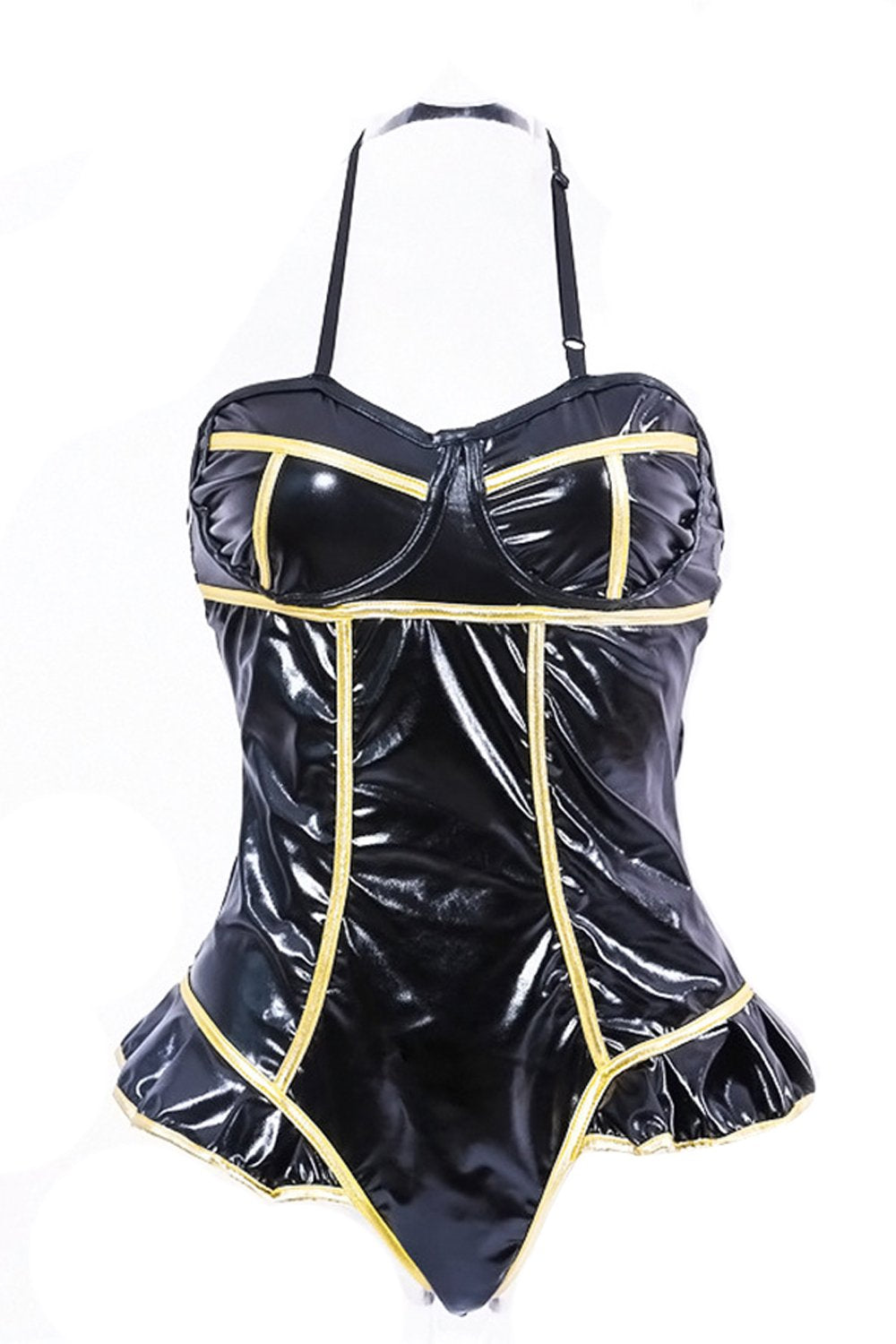 Black Halter Ruffled Patent Leather Jumpsuit Lingerie