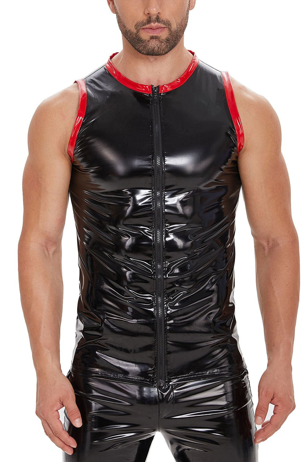 Men's Sleeveless PU leather Crew Neck T-Shirt