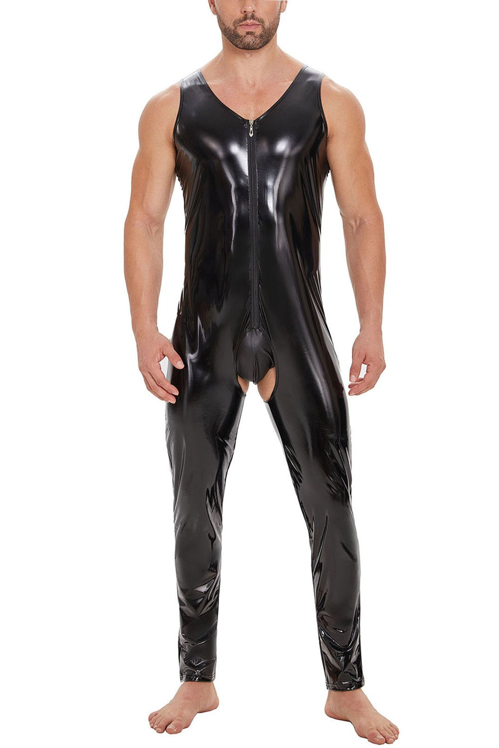 Male Sleeveless Open-Crotch Shoulder-Zip PVC patent leather Catsuit