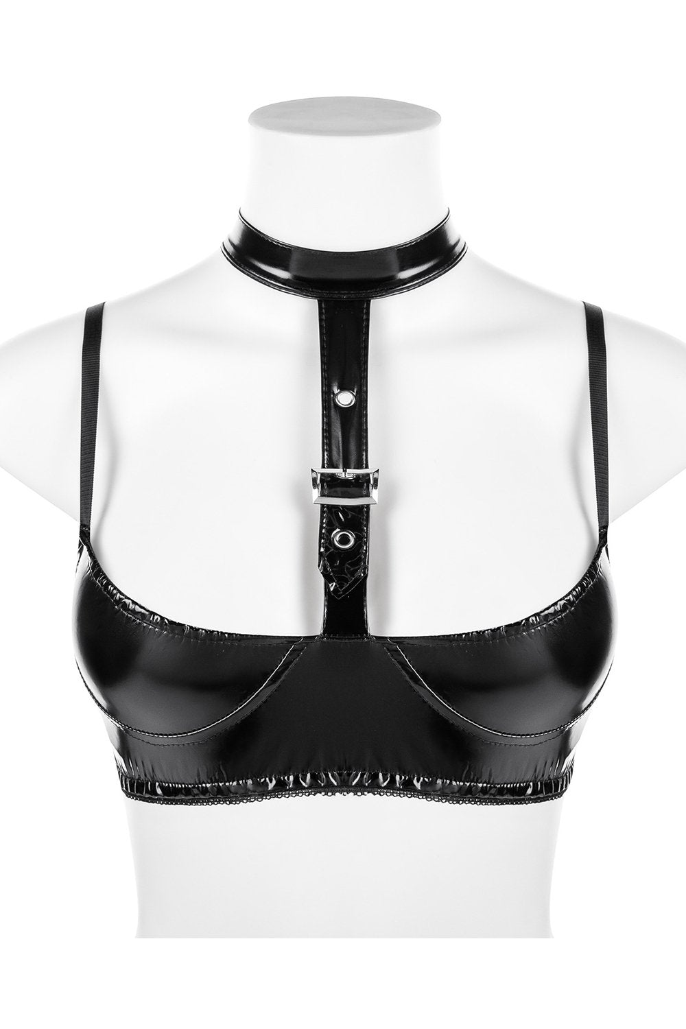 Black Halter Neck Style PVC Leather Bra Lingerie Metal Detailing