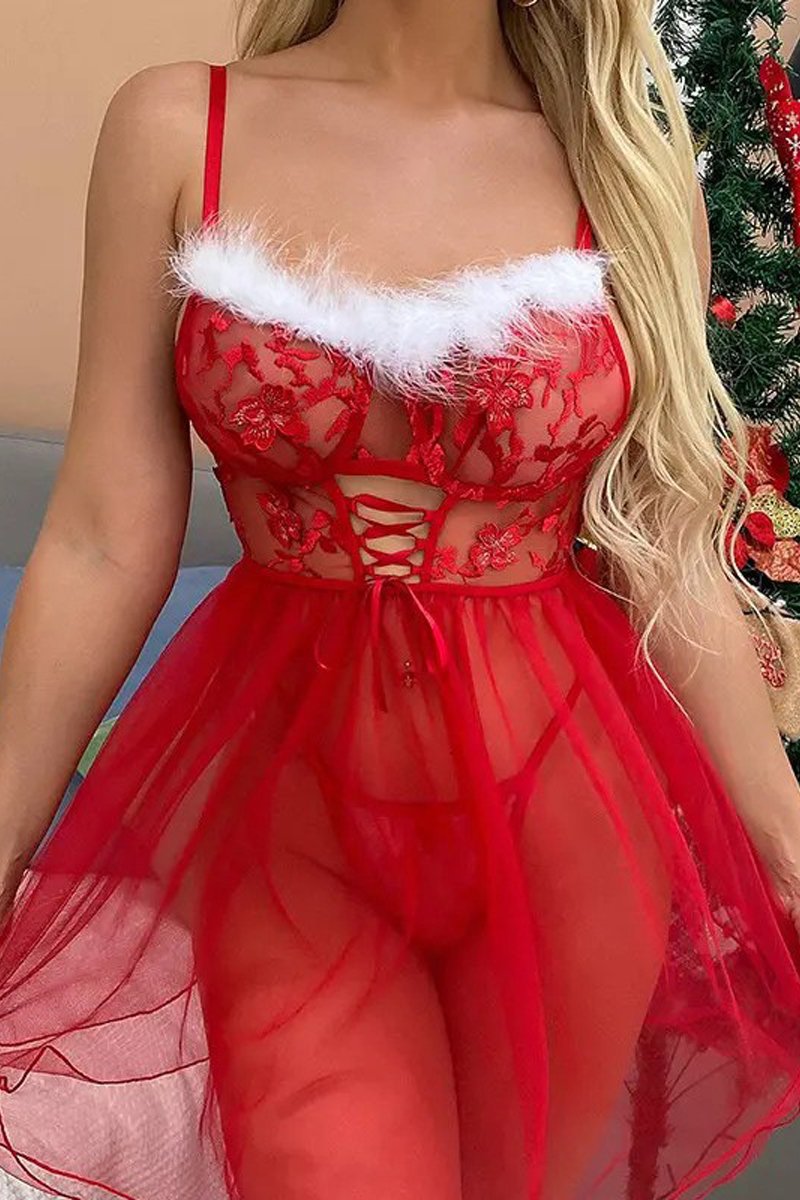 Fuzzy Trim Christmas Santa Babydoll Women Lingerie Set