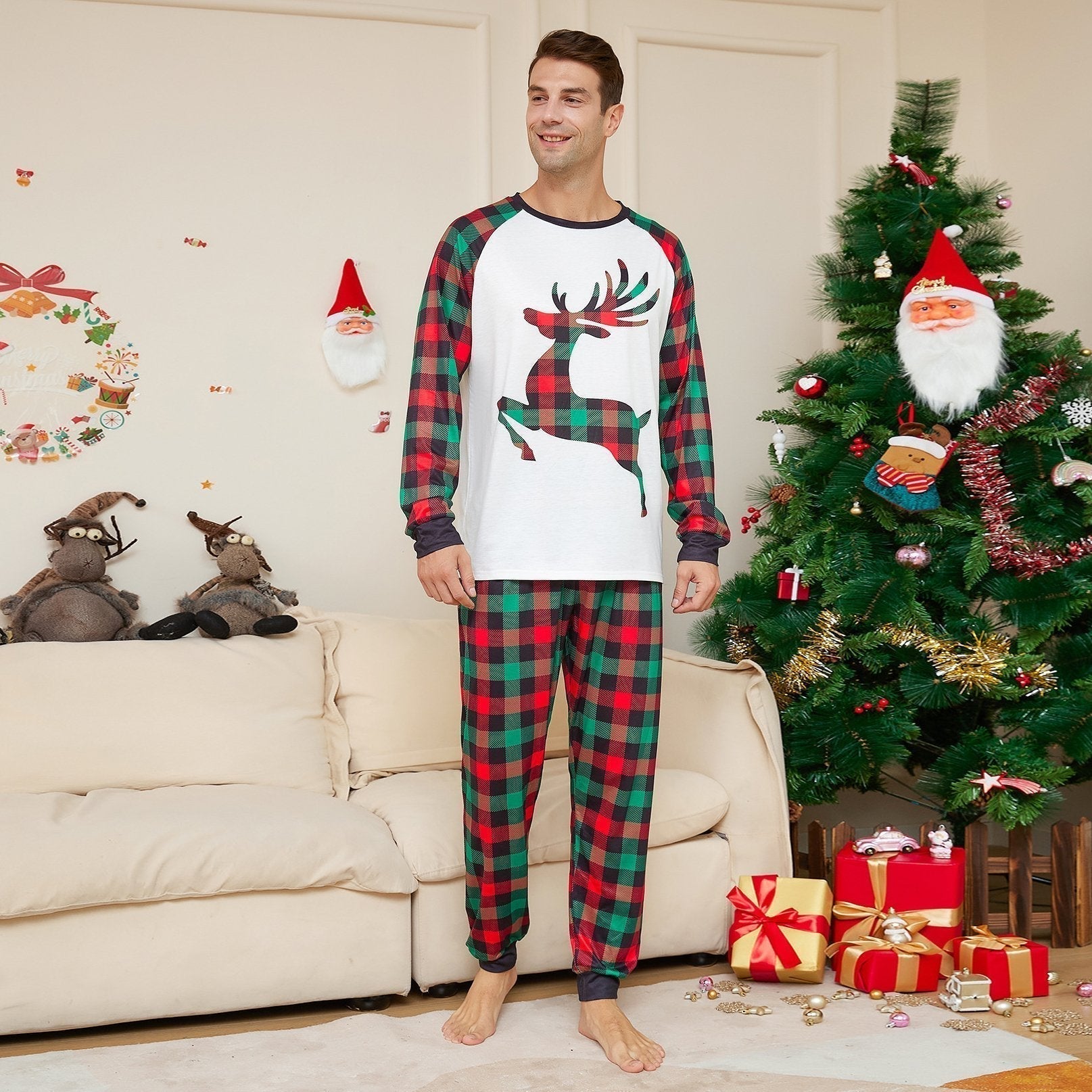 Elk Plaid Print Christmas Family Couples Matching Pajamas Party Sets - ciclove